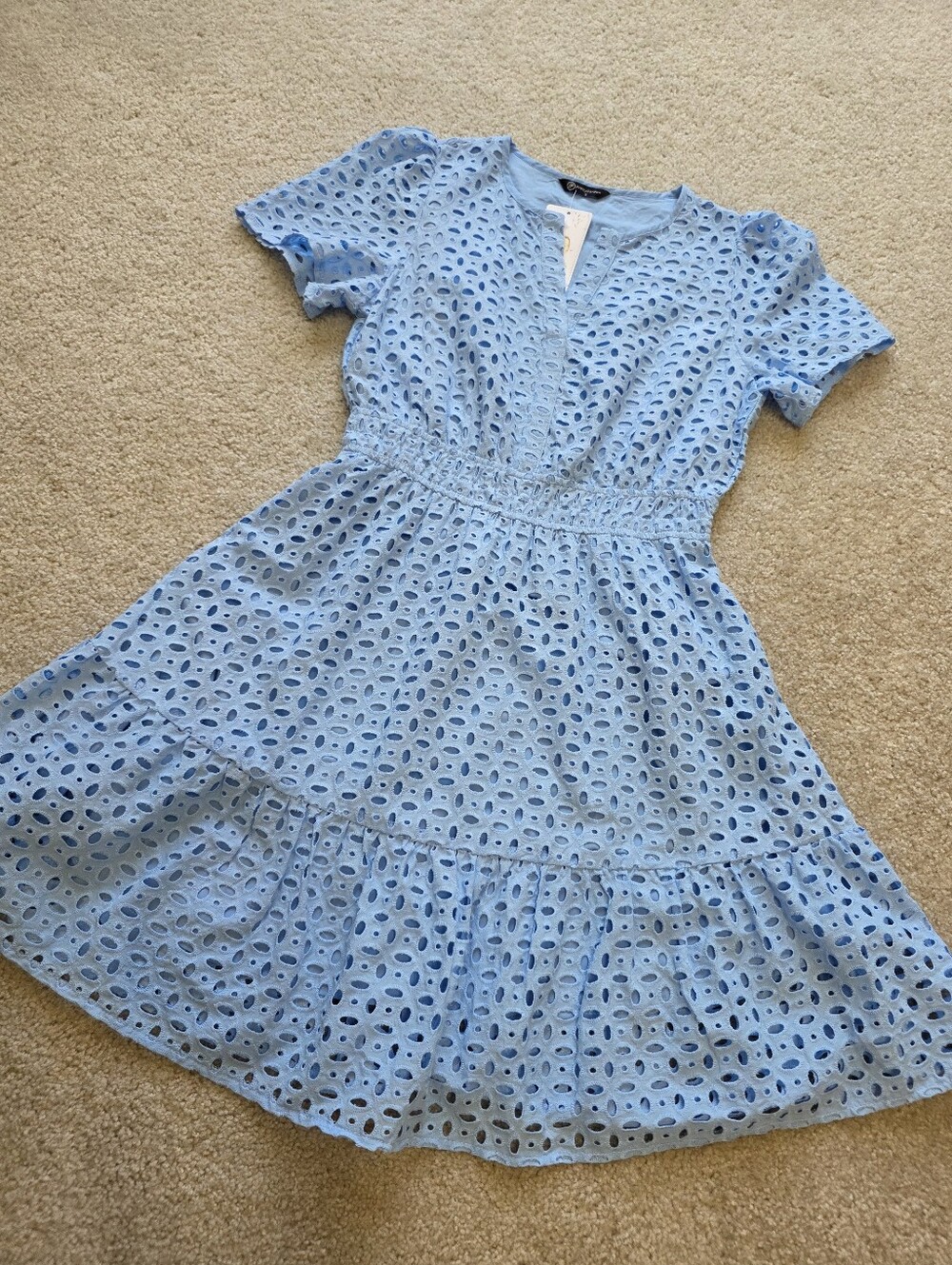 PrettyGarden Cotton Mini Light Blue Eyelet Dress Size S - Picture 4 of 10